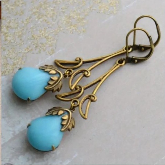 NEW Art Nouveau 18k Gold Plated and Turquoise Blue Stone Elegant Drop Earrings - Picture 3 of 4